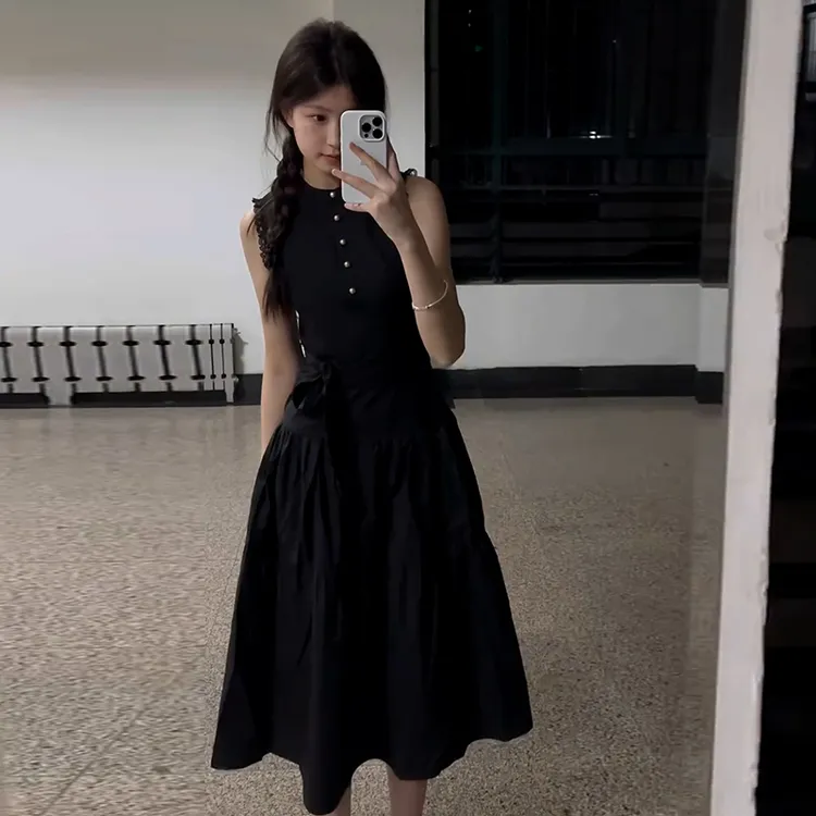 黑色连衣裙子女夏2025新款法式赫本风a字无袖长裙夏日小个子1569