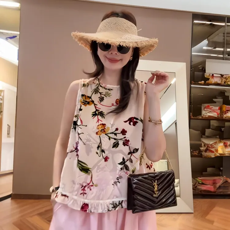 【JINGDIAN】定制款浅卡花朵国风无袖丝绒小衫  碎花时尚夏季百搭