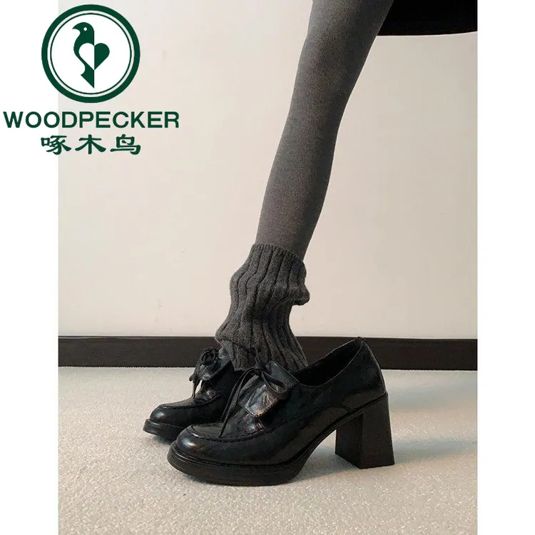 啄木鸟厚底增高8cm单鞋女蝴蝶结一脚蹬乐福鞋女英伦百搭小皮鞋