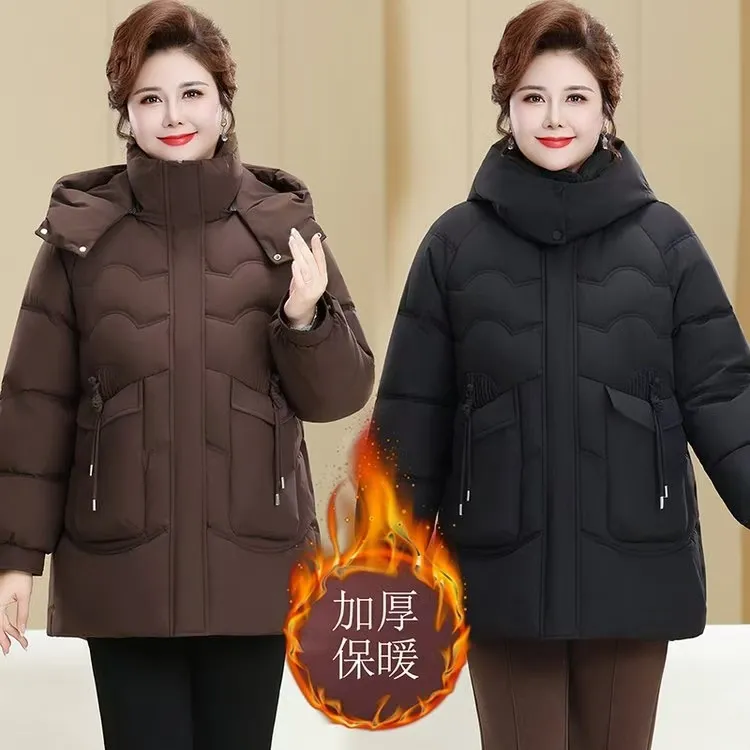 冬季大码中老年妈妈脱卸帽棉服中长款女保暖宽松洋气时尚加厚棉衣