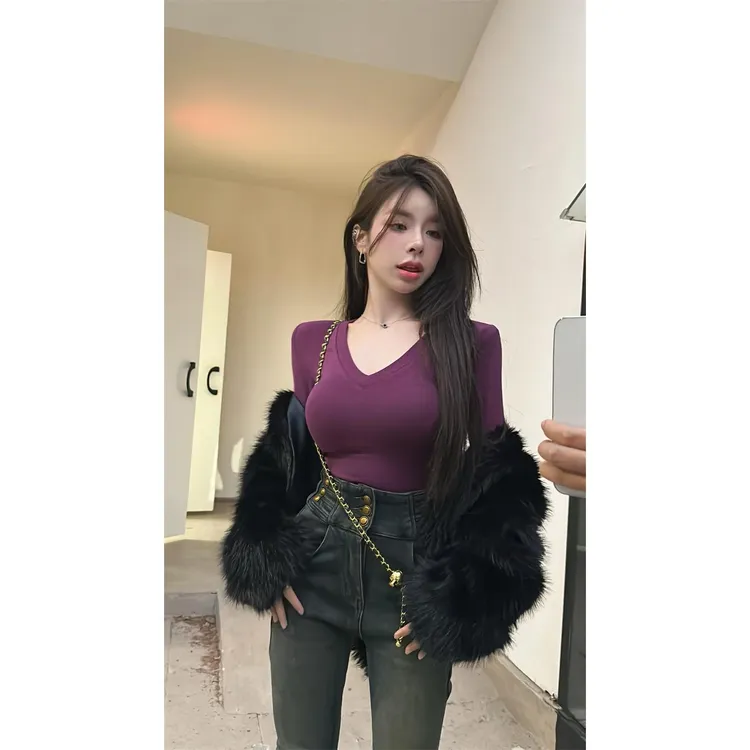 莲叶德绒面料质量领正肩长袖打底衫秋冬新款紧身短款上衣