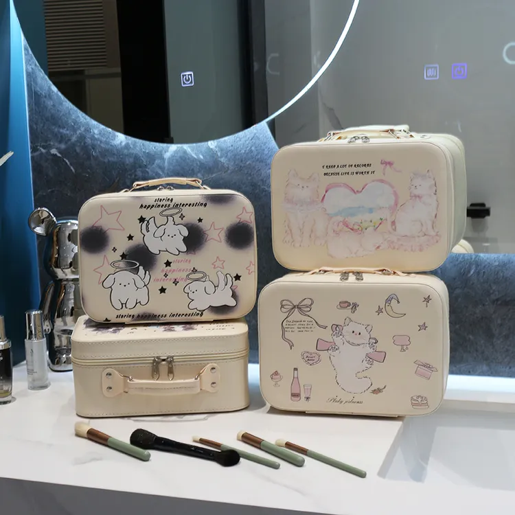 可爱大容量手提化妆包女便携收纳箱化妆品收纳盒带镜子一体洗漱包