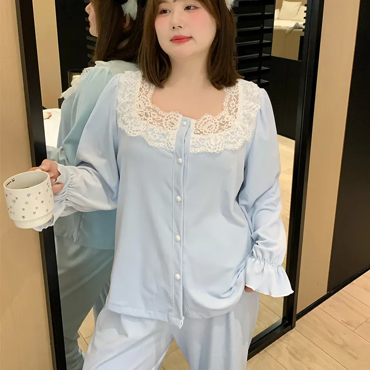 海岛绒睡衣大码女套装加厚胖MM260斤保暖加肥加大蕾丝家居服套装