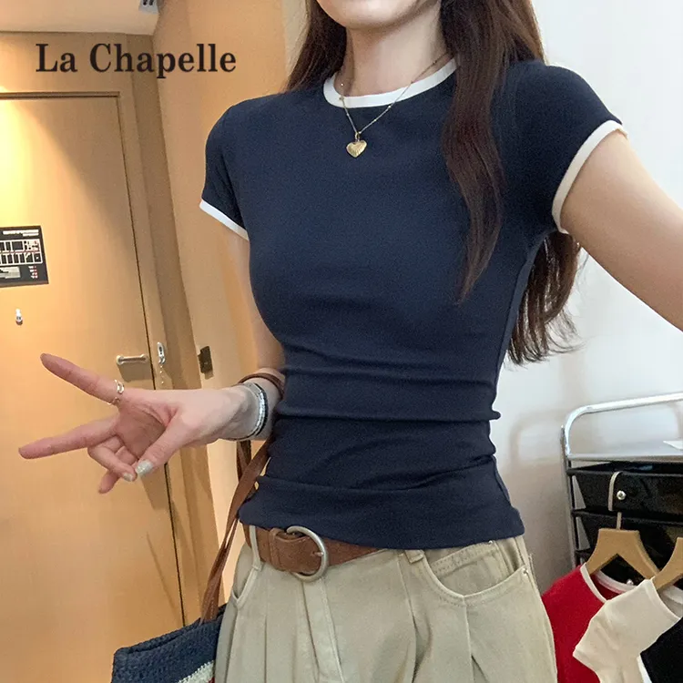 拉夏贝尔韩系别致撞色拼接正肩圆领短袖T恤女2025夏新款绝美上衣