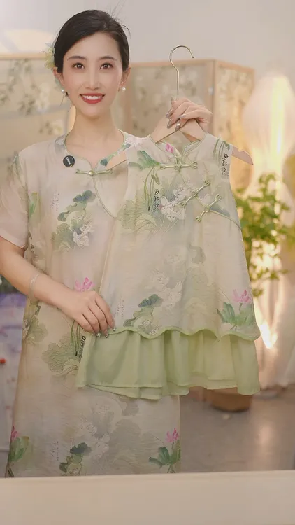 现货亲子装【夏荷】SC395女童夏季新中式白荷花新款国风旗袍裙