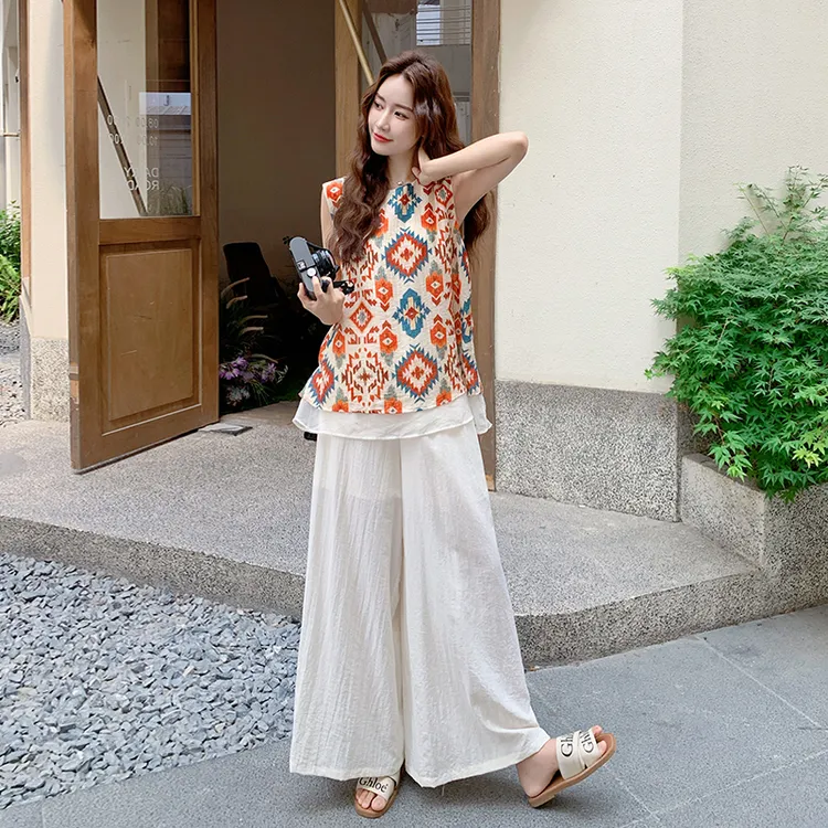 民族风套装女夏2025新款巨好看印花减龄无袖上衣休闲阔腿裤两件套