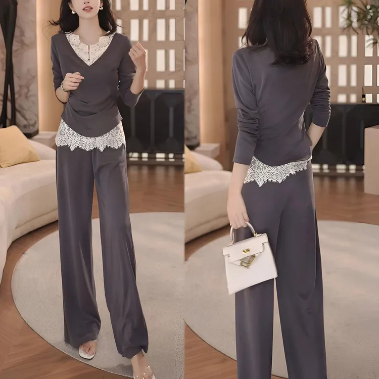 早秋新款感蕾丝拼接长袖上衣2025休闲百搭阔腿裤两件套潮小众设计