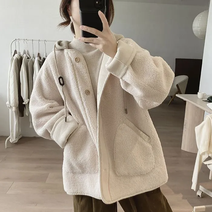 【1320人收藏】简约仿羊羔毛可拆卸连帽外套女冬季宽松显瘦韩版减龄