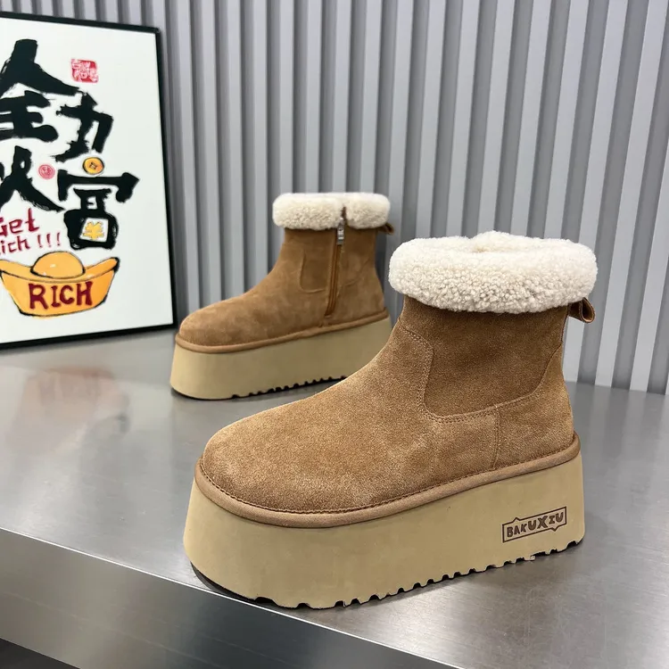 6cm厚底松糕雪地靴女2025新款真皮磨砂皮羊毛口加绒保暖棉鞋短靴