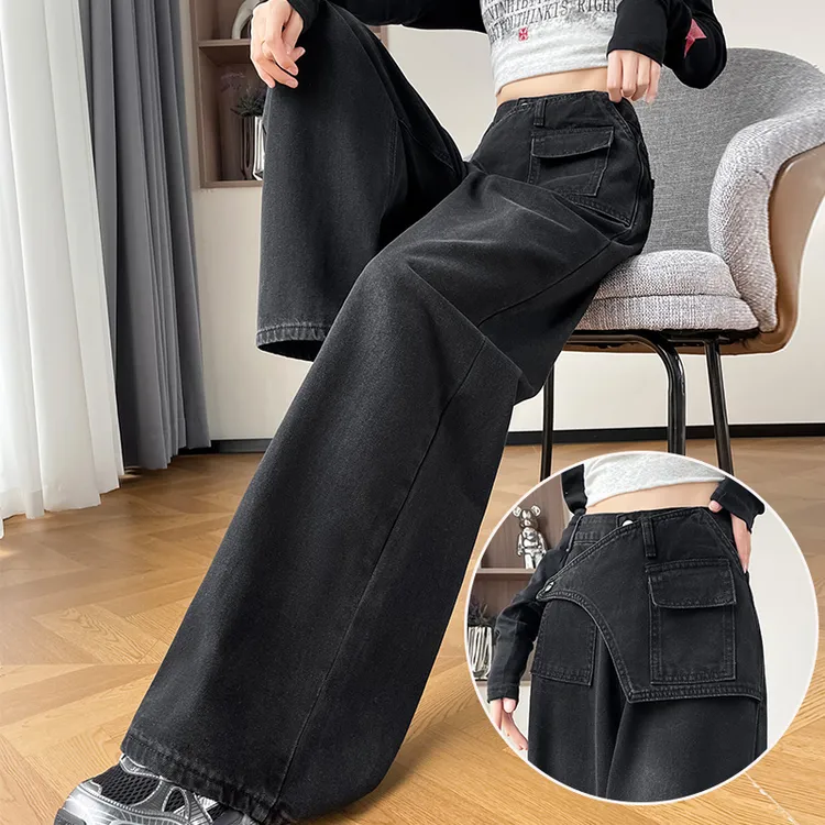 蜜蜜穿搭黑灰色假两件拼接阔腿牛仔裤女2025冬季流行宽松直筒长裤