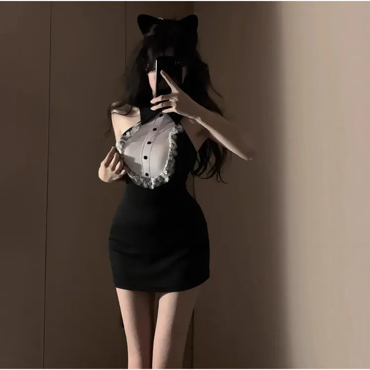2025情人节纯欲风气质黑色挂脖包臀裙情侣趣味猫女郎制服内衣战袍