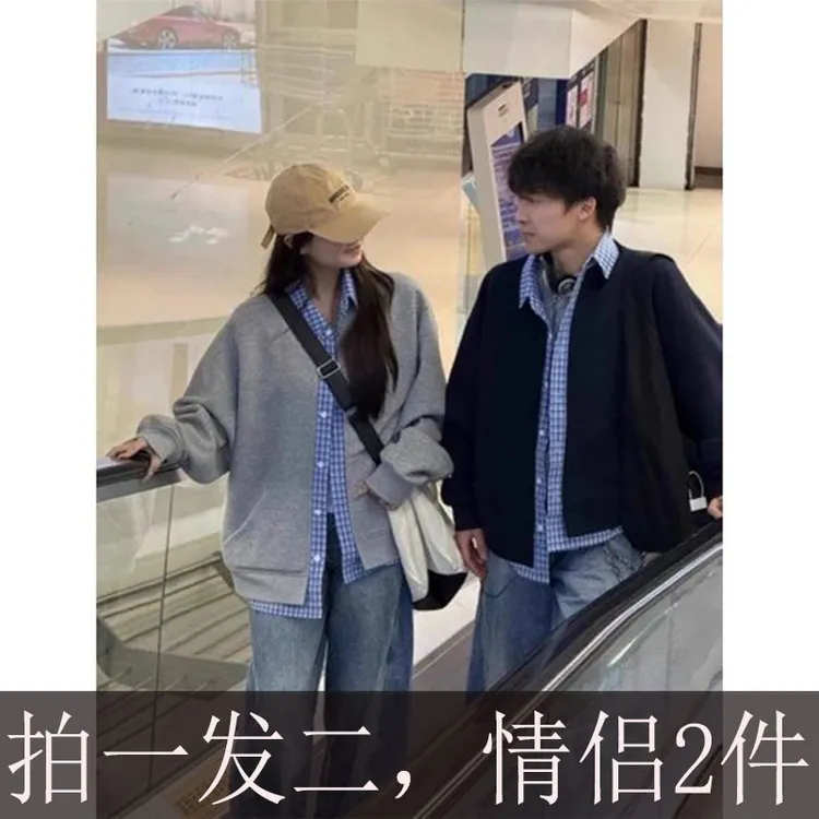 美式潮牌情侣装假两件开衫卫衣春秋季2025新款格子拼接慵懒风外套