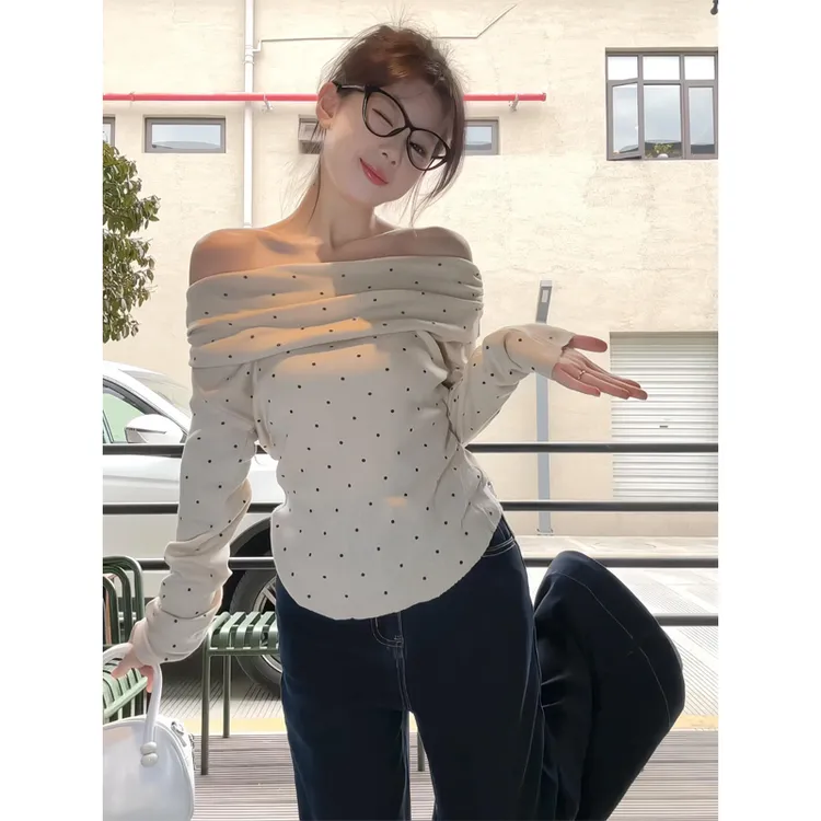 露肩波点薄款长袖针织衫百搭紧身上衣a字大喇叭牛仔裤阔腿拖地裤