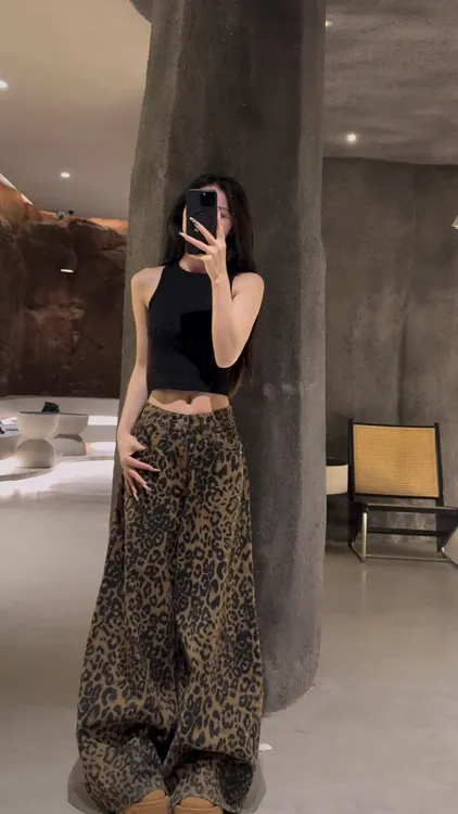 美式高街工装阔腿豹纹牛仔裤女春季高腰宽松显瘦直筒裤拖地裤911