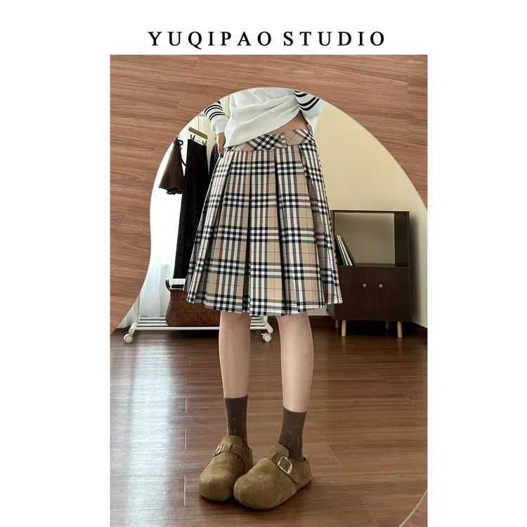 大码胖mm学院风格子百褶半身裙女秋季高腰A字中裙格纹五分短裙子