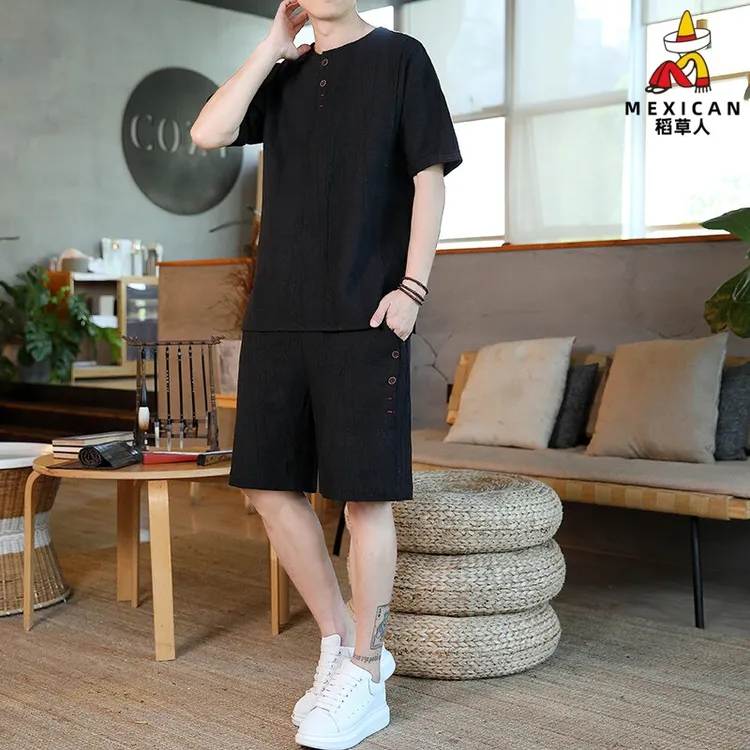 稻草人短袖T恤男士套装夏季新款休闲男款舒适唐装中国风古风男装
