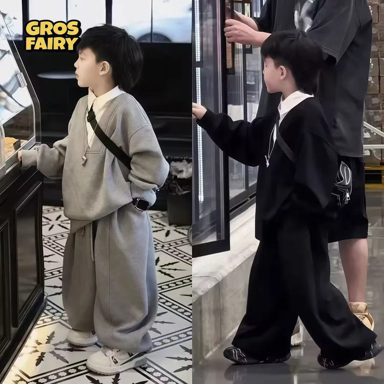 grosfairy男童秋冬加绒套装2025新款儿童帅气时髦假两件男孩加厚