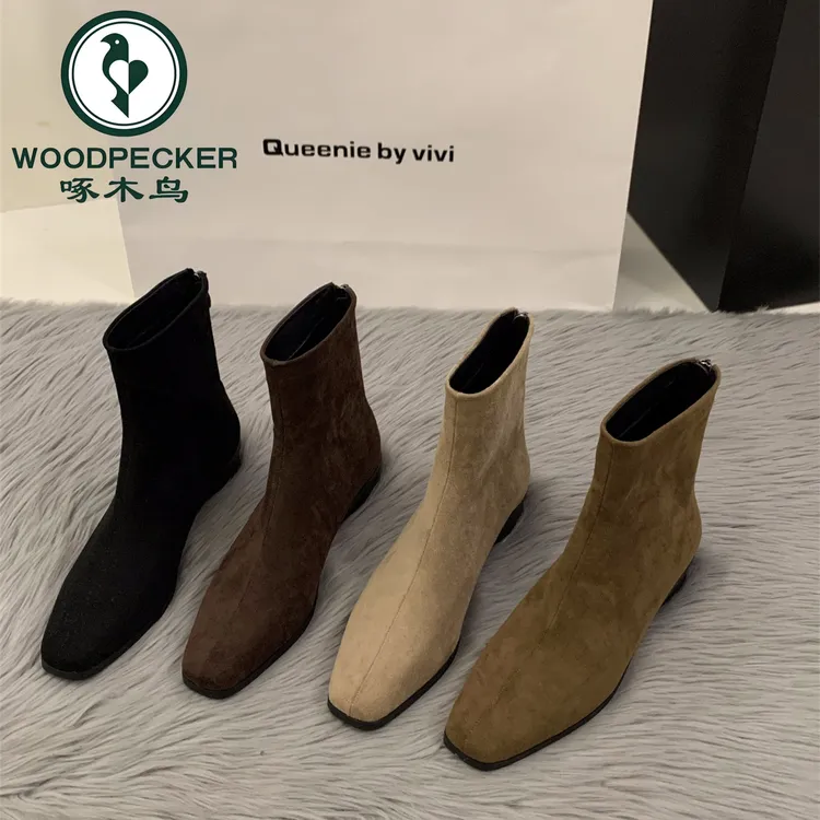 啄木鸟粗跟绒面法式小踝靴子女款2025新款秋冬马丁靴加绒瘦瘦短靴