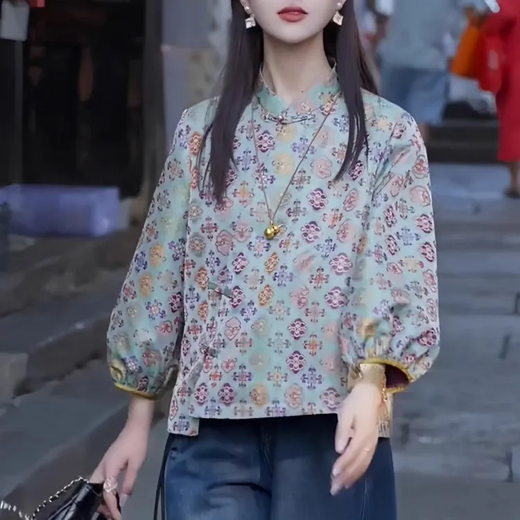 2025秋季新款新中式减龄宋锦国风衬衣女复古盘扣人丝提花气质上衣