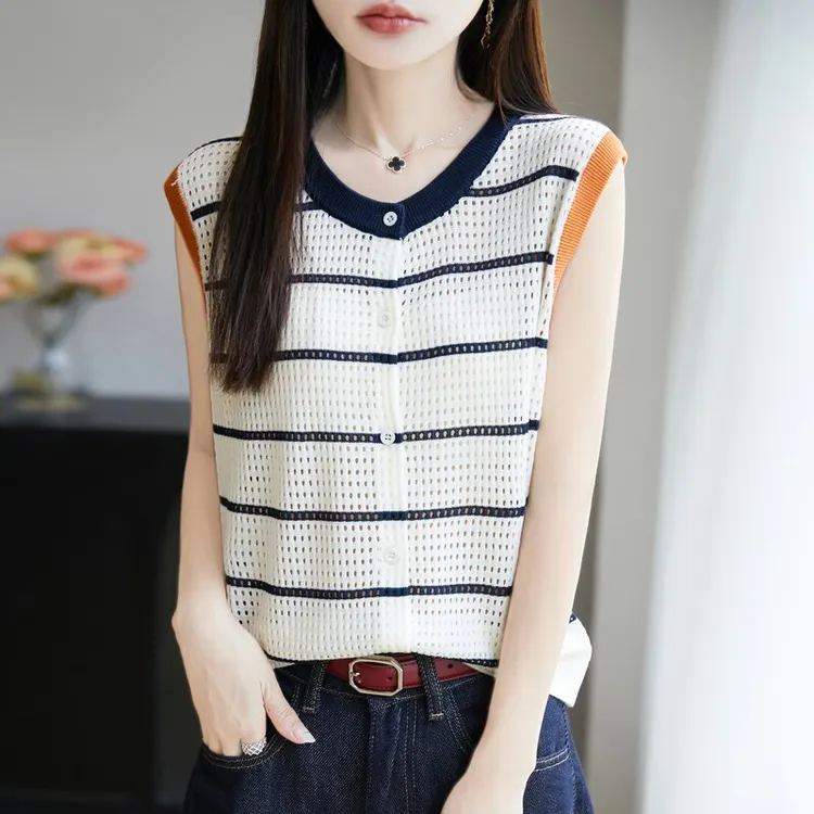 夏季新款莱赛尔天丝镂空撞色无袖开衫女时尚大码圆领薄款针织背心