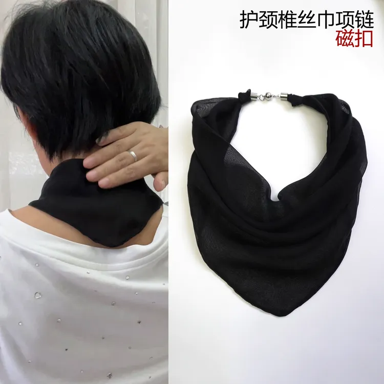 钛钢布艺项链 夏季薄款护颈磁扣真丝围巾女2025新款桑蚕丝护颈椎