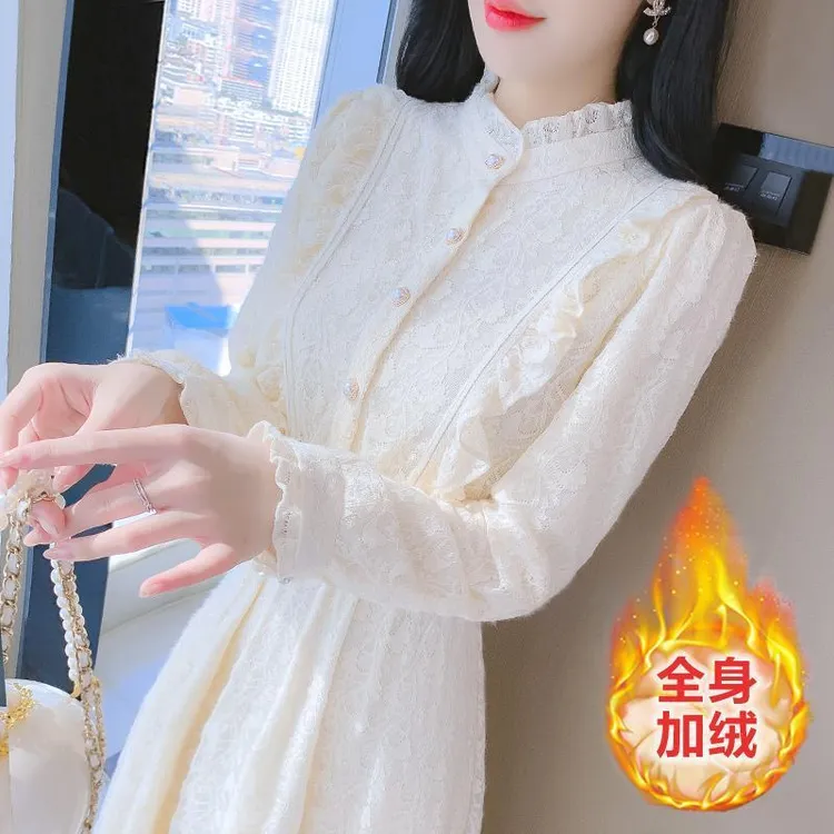 秋冬穿搭配大衣加绒加厚蕾丝打底连衣裙女秋冬季2025年新款中长款