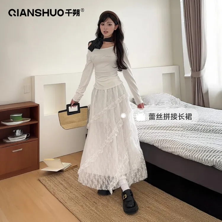 千朔不规则蕾丝白色半身裙春夏季新款蛋糕裙小众仙女中长款长裙子