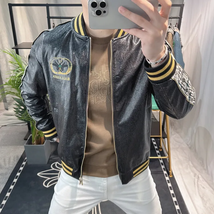 欧洲站高端复古美式PU皮夹克男2025春秋欧货大牌刺绣亮片男士外套