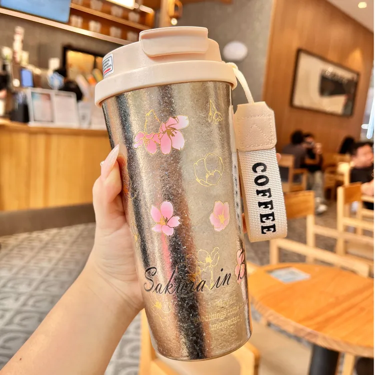 粉色樱花纯钛杯水杯纯钛内胆双饮杯带盖保鲜保温保冰便携咖啡杯