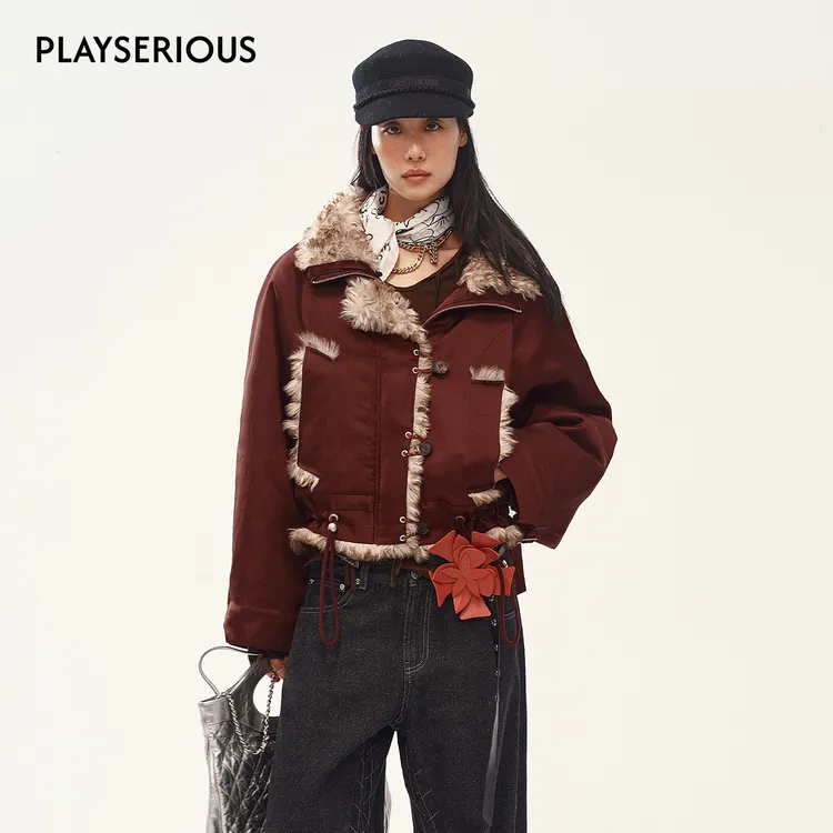 MEDIUM WELL 2025秋季新款醋酸麻短绒外套女复古翻领休闲短款外套