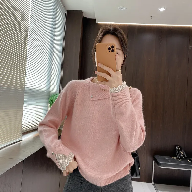 IMFLY金小金自制女装 羊毛衫DYW10038韩系不规则翻领蕾丝拼接上衣
