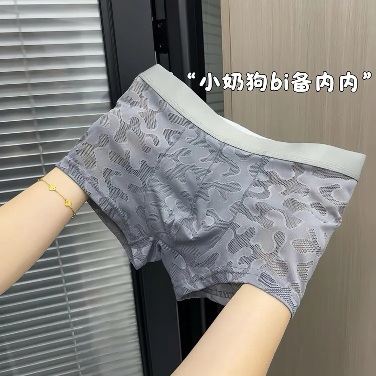 新款男士冰丝内裤夏季薄款蕾丝透气平角裤性感网纱舒适男士四角裤