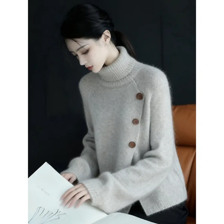 时尚优雅绝美灰色高领长袖毛衣针织衫女冬季新款简约软糯宽松上衣