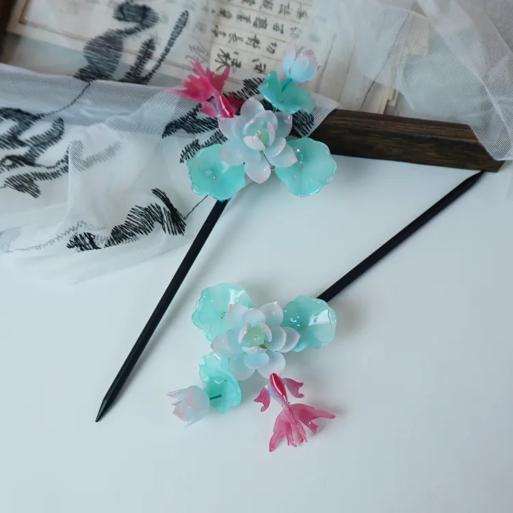 热缩蓝墨色荷花小金鱼发簪汉服旗袍茶服汉元素手工发饰原创饰品