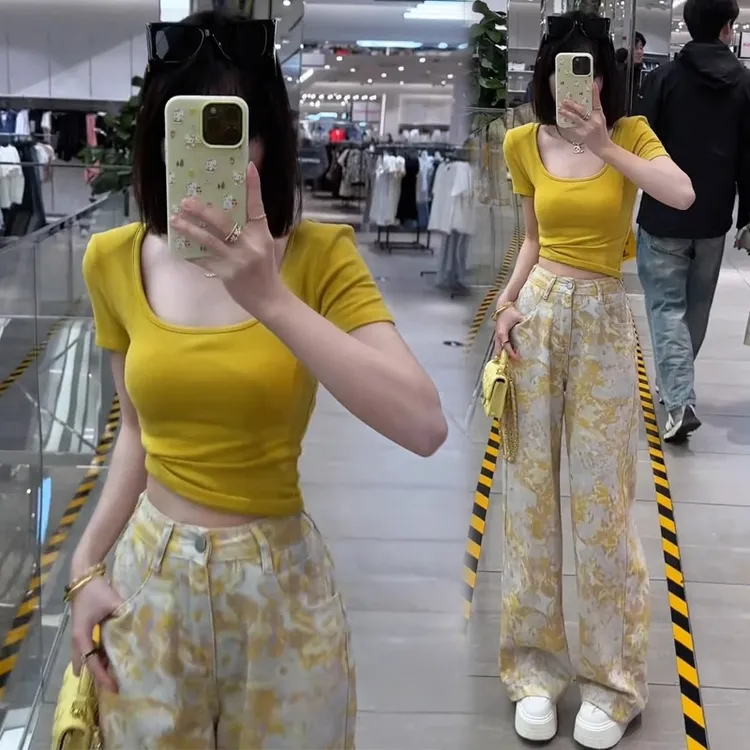 时尚多巴胺套装女2025夏季新款时髦洋气短袖T恤高腰阔腿裤两件套
