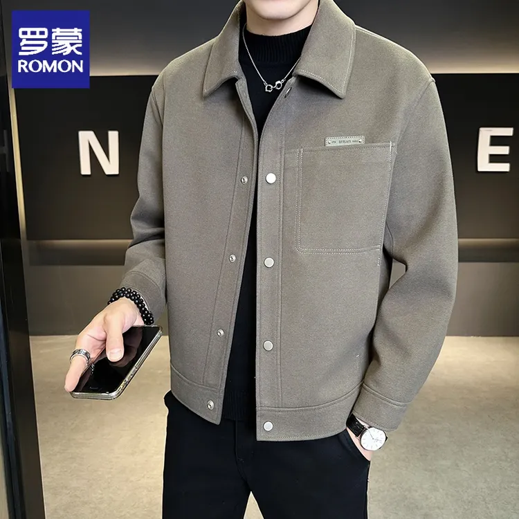 罗蒙男士毛呢大衣冬季商务休闲潮流翻领夹克加厚保暖短款外套男