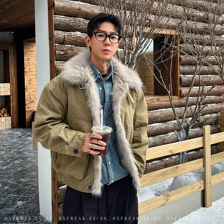 OXFREAK「扎染水洗帆布」猎装毛领座山雕棉服男冬季加绒加厚外套