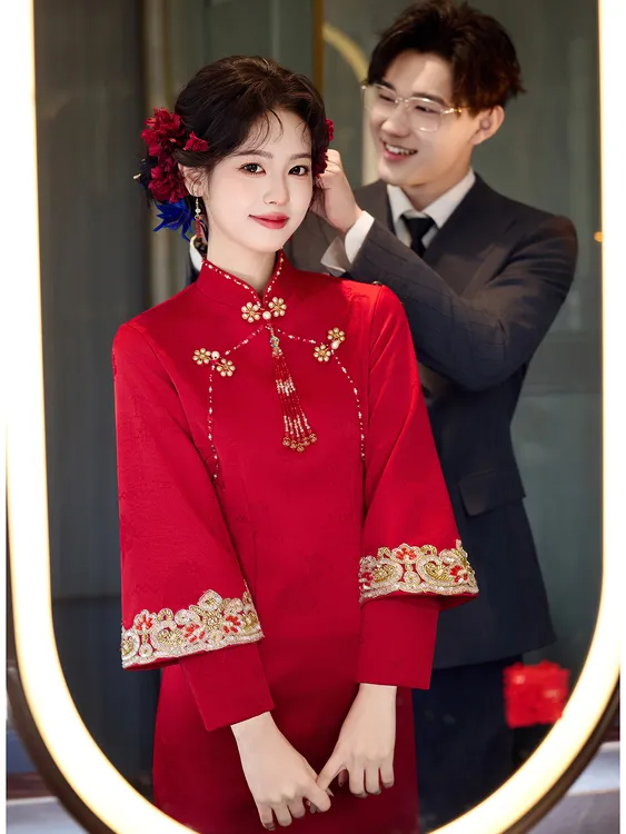 红色旗袍敬酒服新娘冬装订婚结婚礼服婚礼回门便装秋冬季加绒加厚