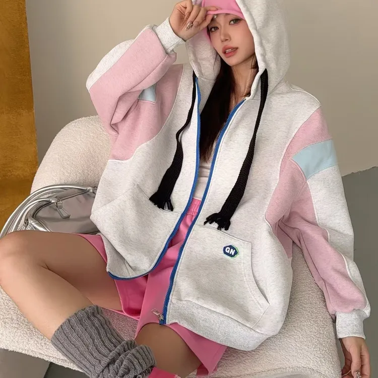 秋季宽松袖子拼色拉链韩版连帽外套