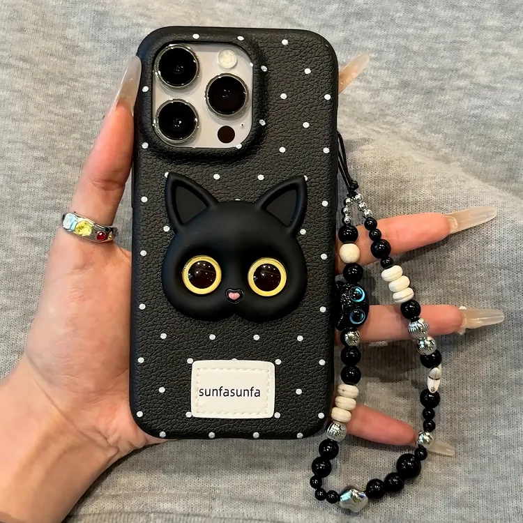 雅天立ins波点个性黑猫适用iPhone16promax苹果13/15手机壳14手链