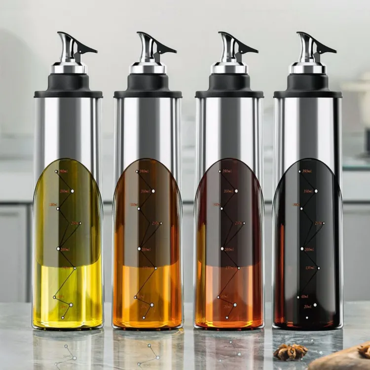 刻度油壶加厚玻璃油瓶不锈钢酱油醋调料瓶厨房密封防漏油罐银优质