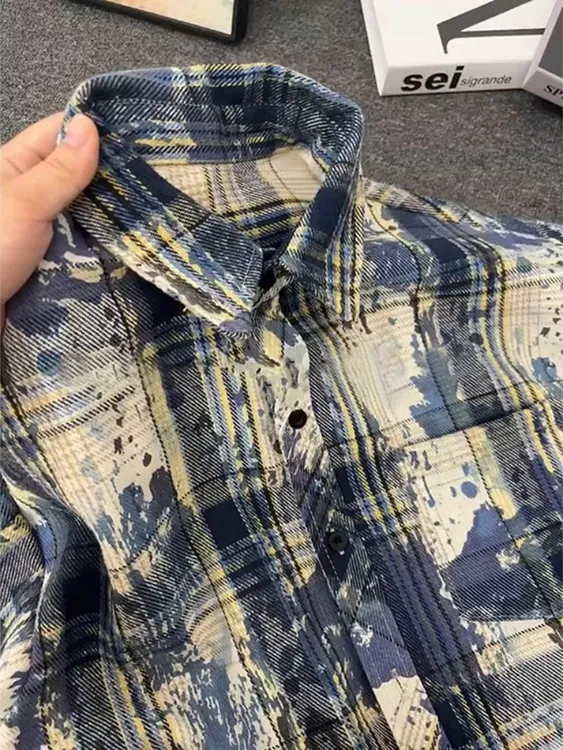 美式高街扎染格纹长袖衬衫男女春秋薄款外套高级感cleanfit衬衣潮