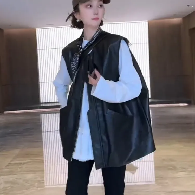 韩版复古黑色皮衣无袖马甲女2025年春季新款显瘦马夹背心坎肩外穿