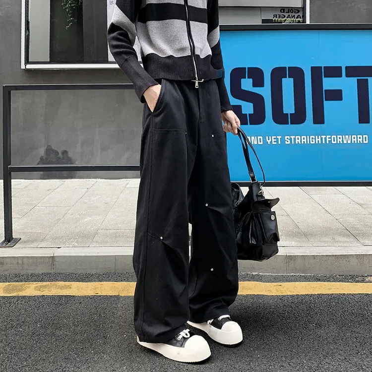 美式复古铆钉工装裤男款秋季纯棉直筒显高宽松显瘦黑色休闲阔腿裤