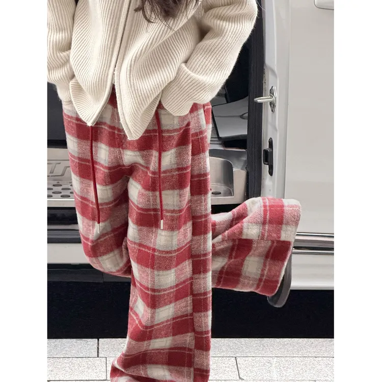 K30450女童加绒格子毛呢休闲裤子秋冬装新款儿童加厚阔腿红格年装
