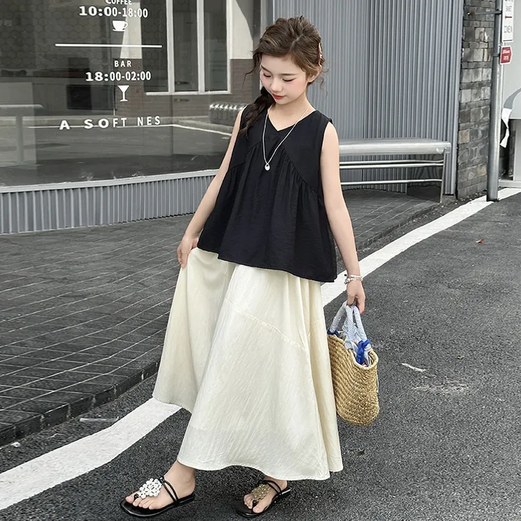 女童夏装套装2025新款儿童洋气薄款无袖上衣女大童半身长裙两件套