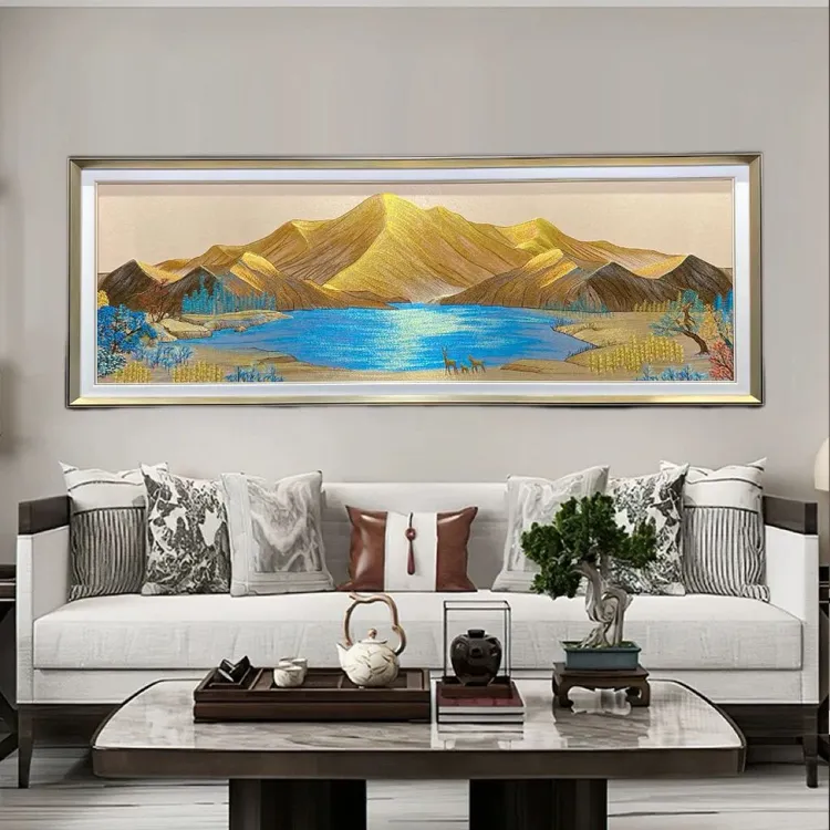 新中式背靠金山刺绣织锦沙发背景墙装饰画客厅挂画山水轻奢高级感