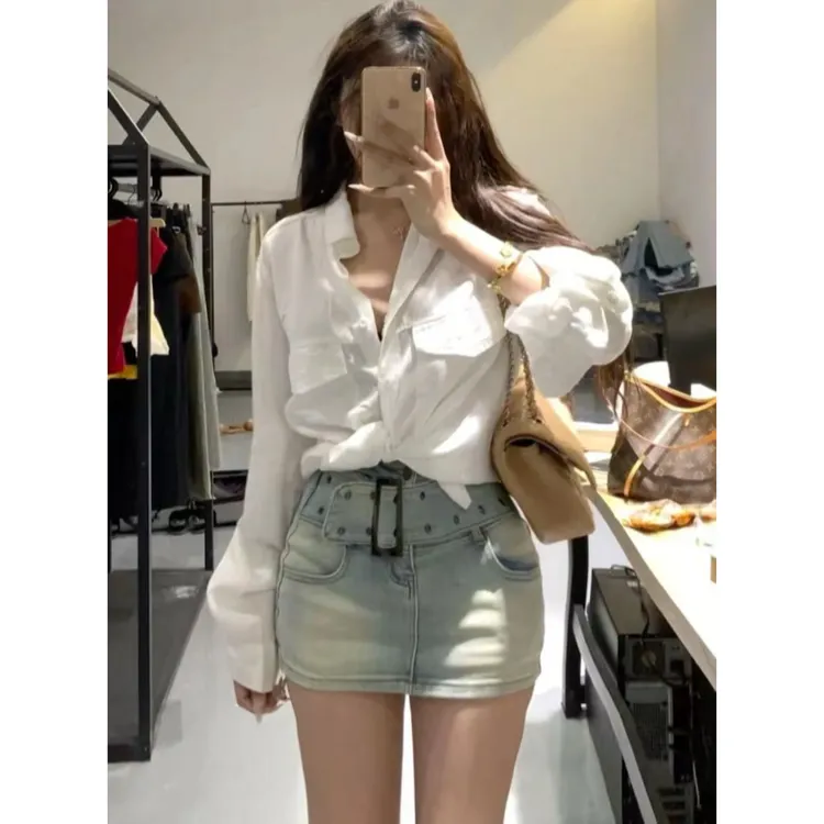 设计感腰带水洗牛仔半身裙女2025秋季新款高腰修身显瘦包臀裤裙