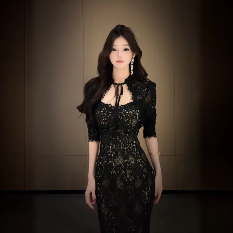 Z13140微胖法式纯欲风蕾丝绑带包臀裙女早春性感修身显身材晚礼裙