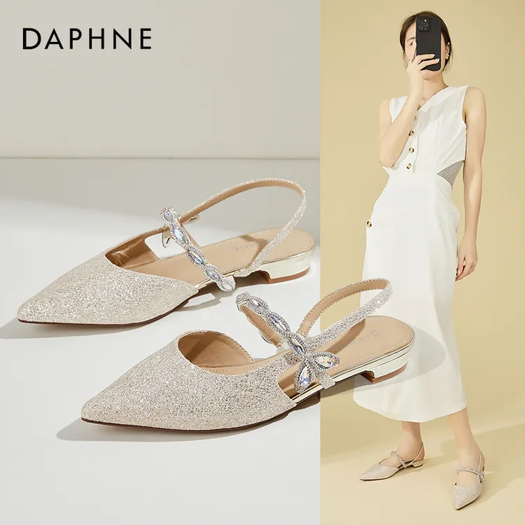 达芙妮尖头浅口时装凉鞋女夏季新款温柔风气质水钻优雅舒适高跟鞋